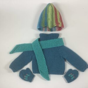 knit blue sweater/scarf/hat/mitts