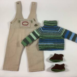 Susanna’s knit and sweater and shoes, sewn overalls