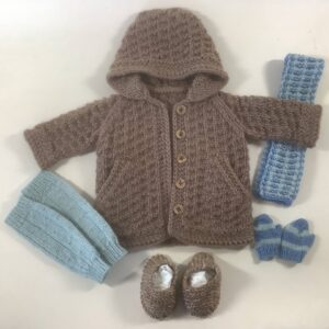Item# Studio 014 / Susanna’s knit 5 piece outfit/ sweater coat, leg warmers, mittens, scarf, shoes