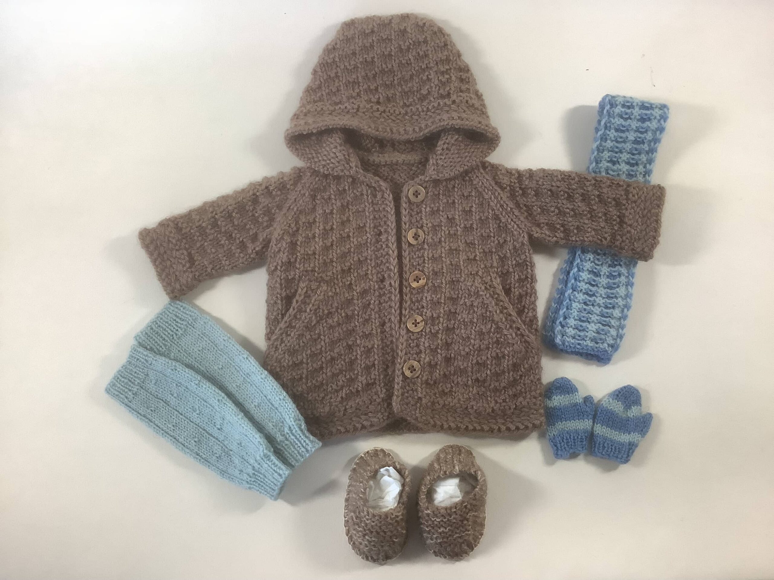Item# Studio 014 / Susanna’s knit 5 piece outfit/ sweater coat, leg warmers, mittens, scarf, shoes