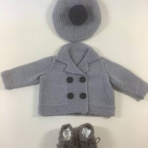 Item# Studio 006 /Susanna’s knit grey 3 piece jacket, hat, and shoe set