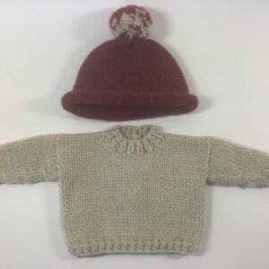 Item# Studio 004 / Susanna's 2 piece sweater and hat set, beige and maroon