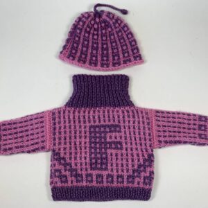 Item# MK012 / Susanna’s machine knit letter sweater and hat