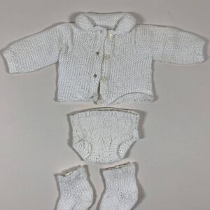 Item# BT117 / Susanna's baby knitted white jacket, undies, and socks