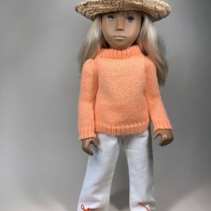 Item# SC#026  / Susanna’s 5 piece machine knit sweater, hand sewn pants, hand knitted shoes, machine straw hat
