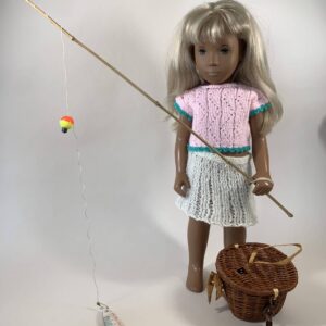 Item# TA004 / Very nice wicker basket for fish, 3 wooden fish attached, bamboo fishing pole and wooden fish on the line