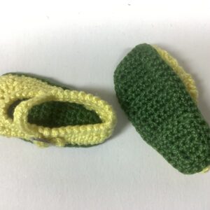 Item# BT118 / Susanna’s knit toddlers Maryjanes yellow with green trim