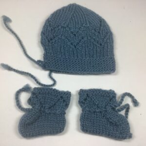 Item# BT120 / Susanna’s knit hat and booties in grey-blue