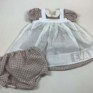 Item# SC034 / Susanna’s sewn brown and white checked dress, undies, and pinafore